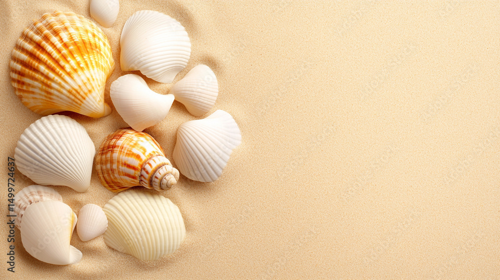 A collection of colorful seashells on a sandy surface, perfect for beach-themed decor. A collection of colorful seashells on a sandy surface, perfect for beach-themed decor.