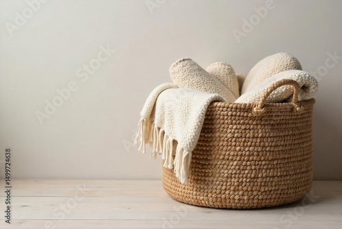 A cozy, woven rug basket brimming with soft, neutral-toned blankets, perfect for adding warmth and texture to any living space Ideal for storing throws, toys, or other household items , soft, warmth