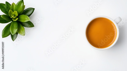 Coffee cup sits near a small green potted plant on a white background, presenting a minimalist and clean aesthetic.
