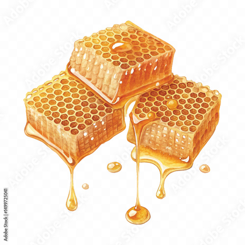 realistic glossy honeycomb, honey cell slices  dripping with fresh liquid honey isolated on transparent background.