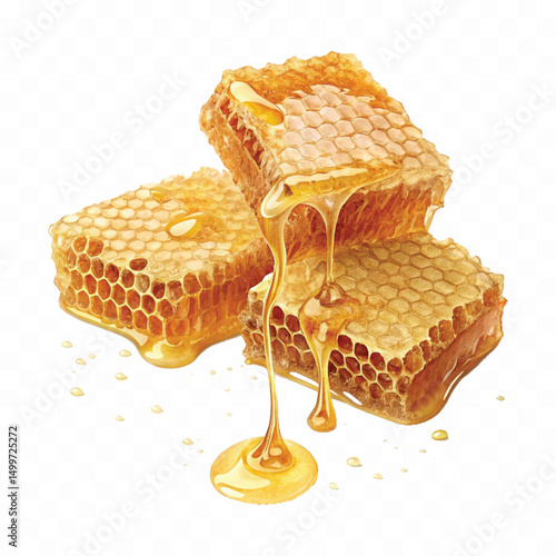 realistic glossy honeycomb, honey cell slices  dripping with fresh liquid honey isolated on transparent background.