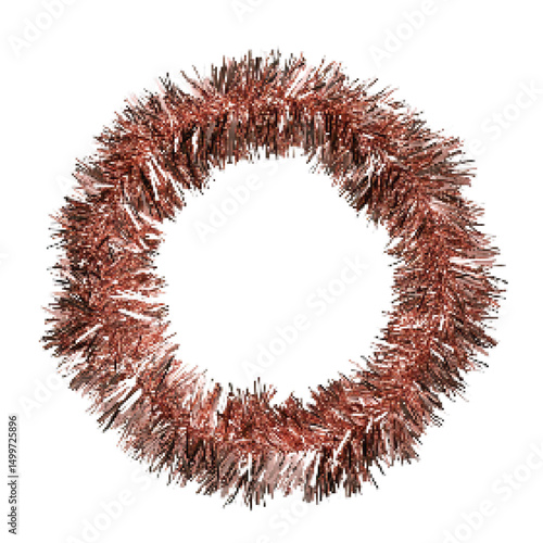 Shiny rose gold tinsel wreath with metallic strands, ideal for festive decorations and holiday celebrations on a white background