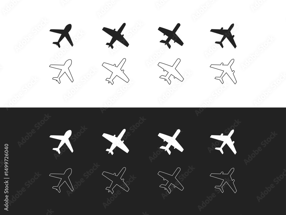 Obraz premium Airplane icon set. Aircraft vector sign. Airport arrival departure symbol. Plane icon set. Flight transport symbol. Airplane icon vector. Travel symbol.