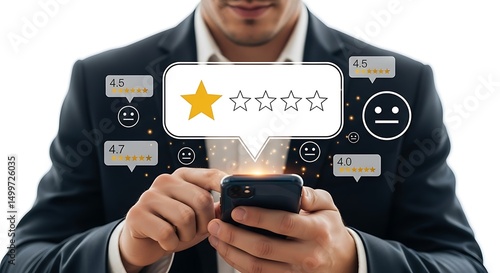 Businessman leaving a negative review on Google about a company, focused on his cell phone, portraying professionalism and the importance of online reputation.