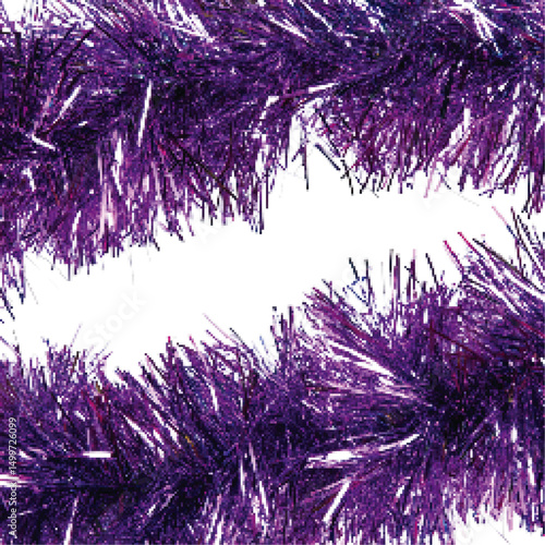 Purple shimmering tinsel garland on a white background, perfect for festive decorations or celebrations