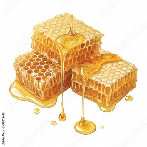 realistic glossy honeycomb, honey cell slices  dripping with fresh liquid honey isolated on transparent background.