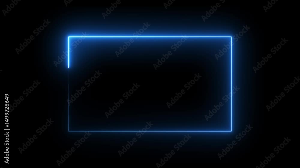 Abstract bright neon rectangle border frame on black background.