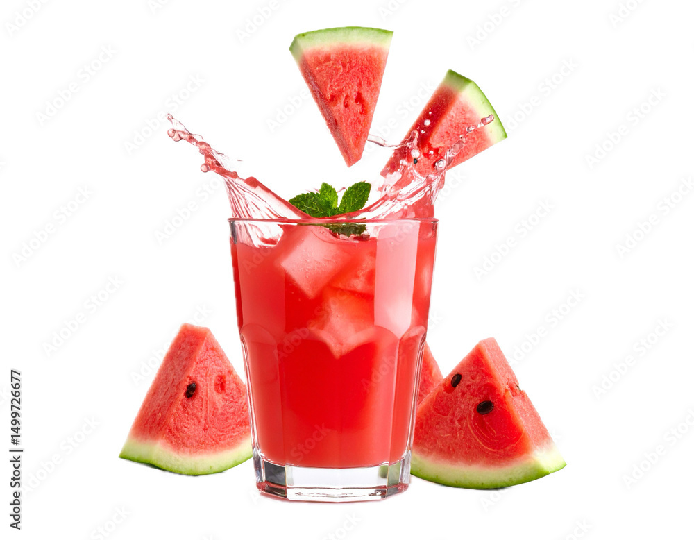 Watermelon juice splashing out of glass Isolated white background. Watermelon juice splashing out of glass Isolated white background.
