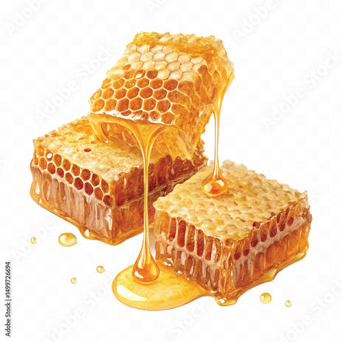 realistic glossy honeycomb, honey cell slices  dripping with fresh liquid honey isolated on transparent background.