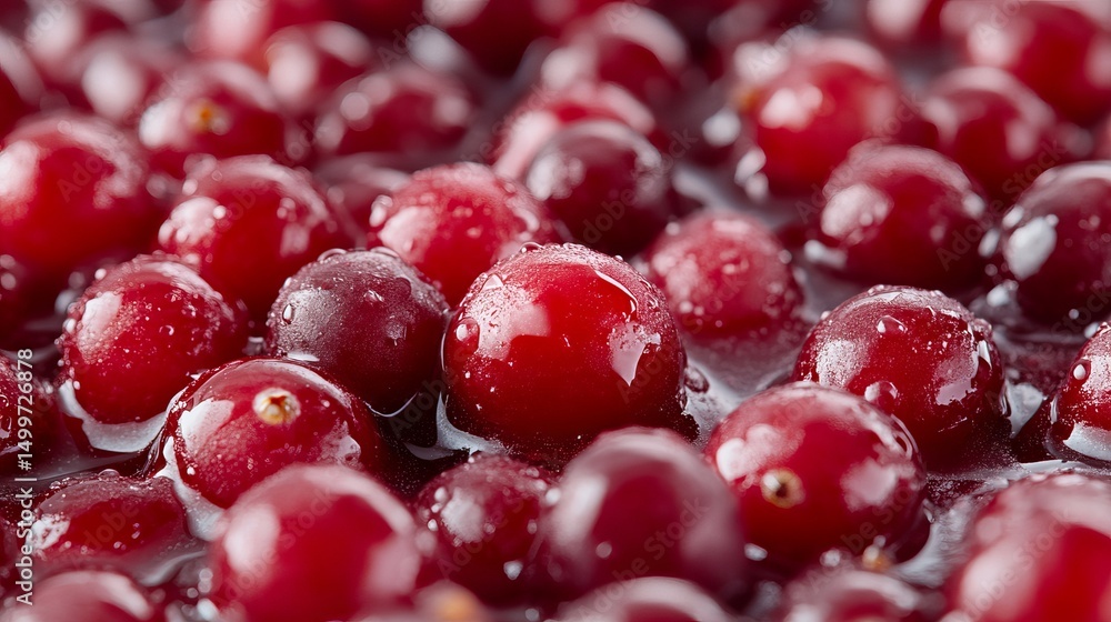 Cranberries are scattered closely together, many bearing water droplets across their shiny red surfaces. Cranberries are scattered closely together, many bearing water droplets across their shiny red surfaces.