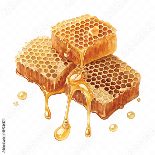realistic glossy honeycomb, honey cell slices  dripping with fresh liquid honey isolated on transparent background.