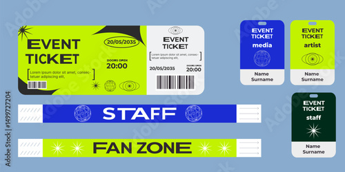 Event ticket for parties, music festival, dance festival. Security bracelets for entrance. For staff and fan zone. Neon color. Modern design. Futuristic style. With wireframe element. Printable.