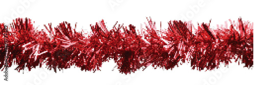 Shiny red tinsel garland on a white background, ideal for holiday decoration and festive celebration themes