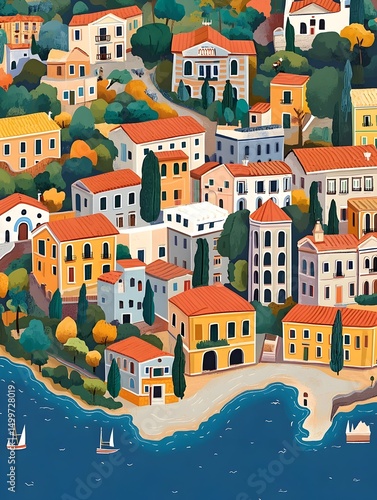 Wallpaper Mural A vibrant coastal town nestled on a hillside, featuring colorful buildings, lush greenery, and a calm blue sea with sailboats Torontodigital.ca