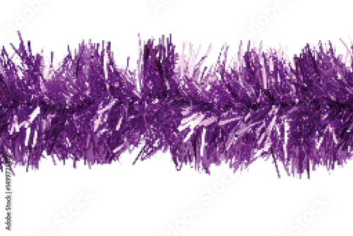 Purple tinsel garland decoration with shiny strands on a white background for festive events and celebrations