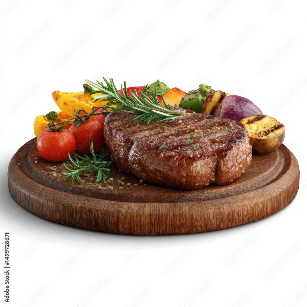 Grilled Steak with Roasted Vegetables on Wooden Board Delicious Food Grilled Steak with Roasted Vegetables on Wooden Board Delicious Food
