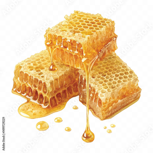 realistic glossy honeycomb, honey cell slices  dripping with fresh liquid honey isolated on transparent background.