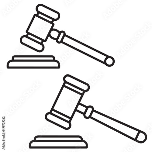 Gavel and Sound Block Line Art Icon Illustration, Black and White Judge Gavel Icon Illustration, Black Silhouette Gavel Icon