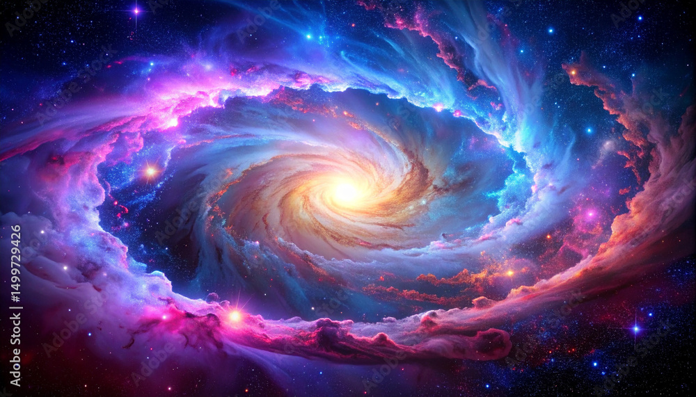 Ultra deep space background, glowing nebula with vivid purple, blue and pink colors, swirling galaxy center, sparkling stars and cosmic dust, high contrast, sci-fi atmosphere, photorealistic style. Ultra deep space background, glowing nebula with vivid purple, blue and pink colors, swirling galaxy center, sparkling stars and cosmic dust, high contrast, sci-fi atmosphere, photorealistic style.