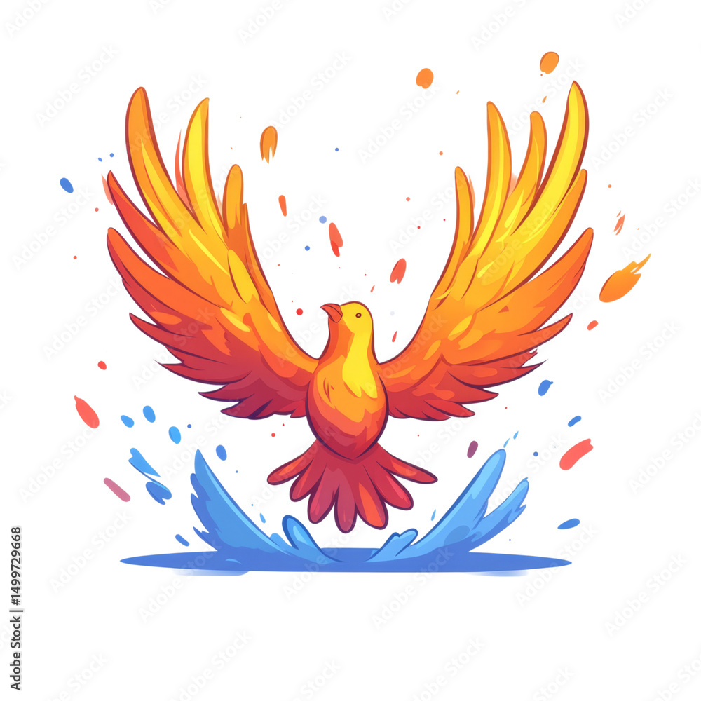 Fototapeta premium Vibrant phoenix rising from water, symbolizing rebirth and renewal with colorful feathers and dynamic splashes