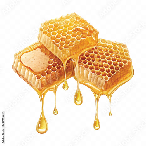 realistic glossy honeycomb, honey cell slices  dripping with fresh liquid honey isolated on transparent background.