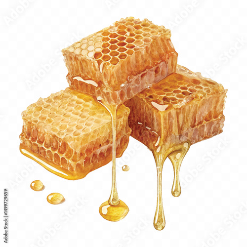 realistic glossy honeycomb, honey cell slices  dripping with fresh liquid honey isolated on transparent background.