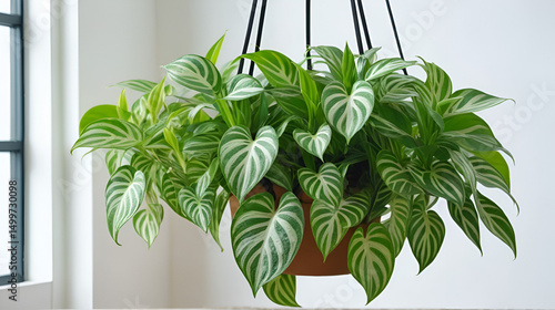 Green variegated leaves of hanging scindapsus pictus exotica houseplant on background, scindapsus, pictus, exotica
