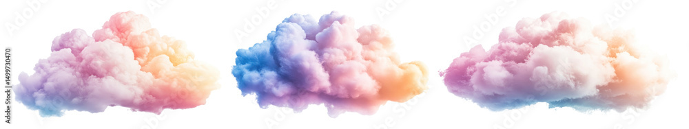 Fototapeta premium PNG Three pastel-colored fluffy clouds on a transparent background element set on transparent background.