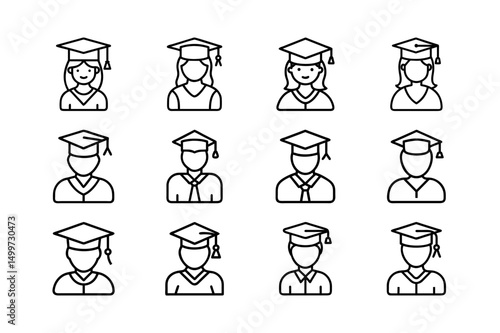 Graduate Girl and Boy Student Line Art svg outline icon set