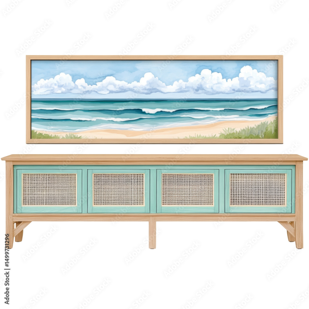 Fototapeta premium Stylish wooden cabinet with beach themed wall art above it, featuring serene ocean waves and clouds. cabinet has light wood