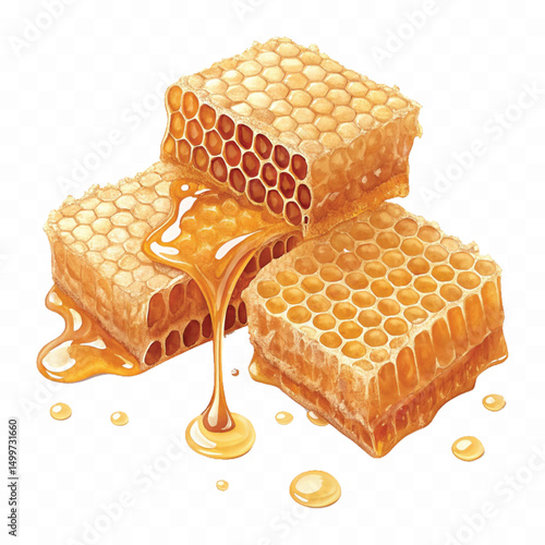 realistic glossy honeycomb, honey cell slices  dripping with fresh liquid honey isolated on transparent background.