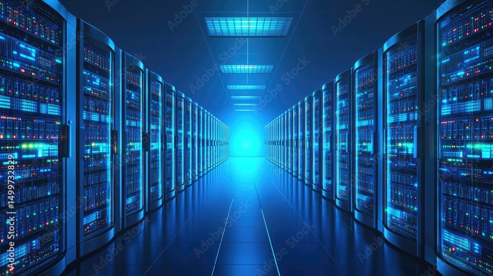 Futuristic data center with illuminated symmetric server racks and radiant blue light at the end of the aisle; perfect for AI systems, cloud computing, and IT infrastructure visuals Futuristic data center with illuminated symmetric server racks and radiant blue light at the end of the aisle; perfect for AI systems, cloud computing, and IT infrastructure visuals