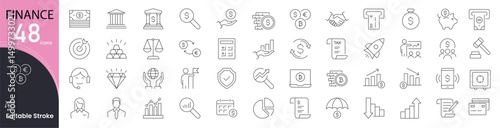 Finance related icons set. Including money, bank, income, expenses, savings, credit, and investment. Editable stroke. outline icons.
