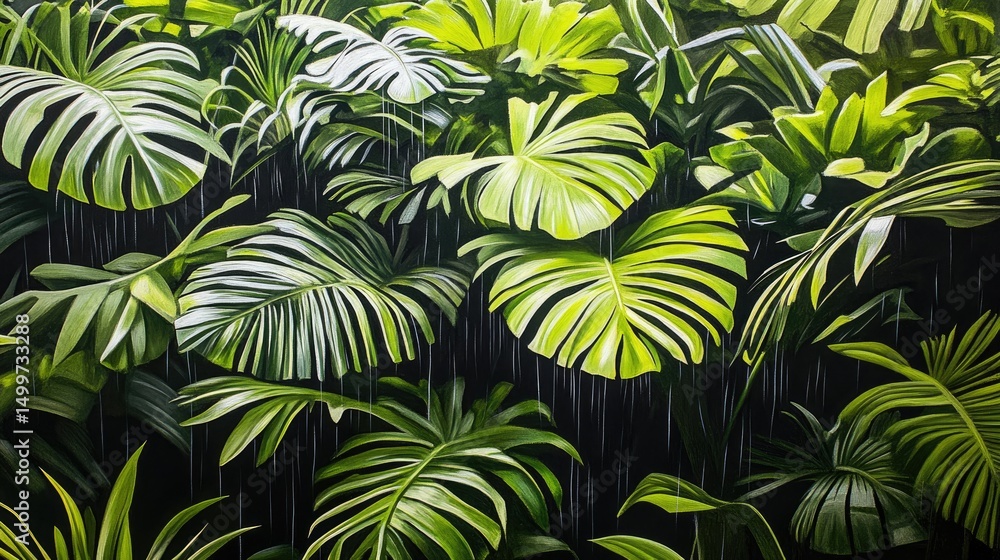 Fototapeta premium Lush tropical foliage, vibrant green leaves, rain falling