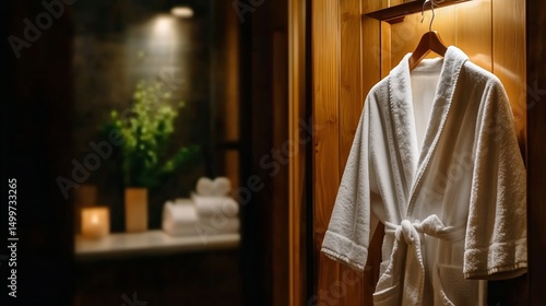 Cozy White Bathrobe Hanging in a Warm, Inviting Bathroom With Soft Lighting a...
