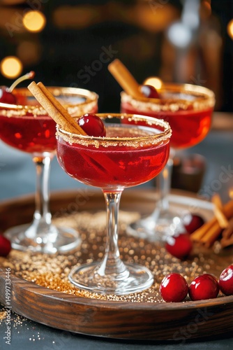 Festive Cocktail Display With Cherries and Cinnamon on a Wooden Tray During a...