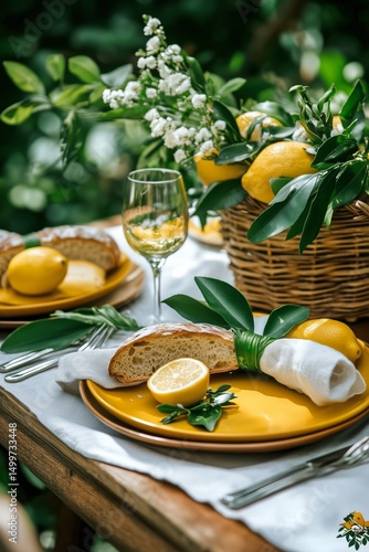 Yellow Themed Outdoor Dining Setup With Lemons and Fresh Bread on a Sunny Day