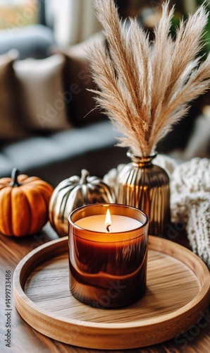 Warm Autumn Decor Featuring a Candle and Pumpkins on a Rustic Table