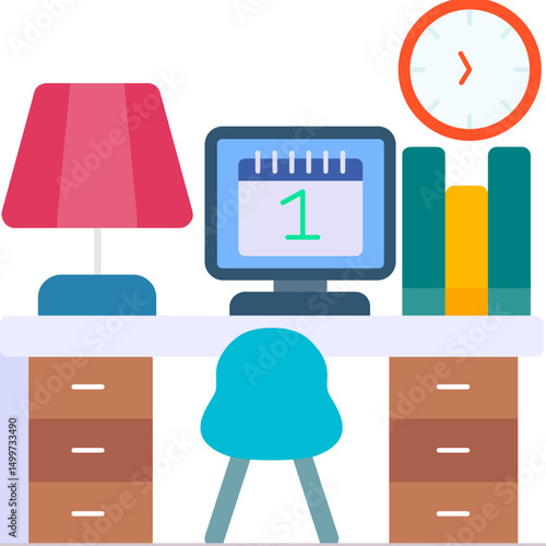 Work Table with Computer and Clock Icon
