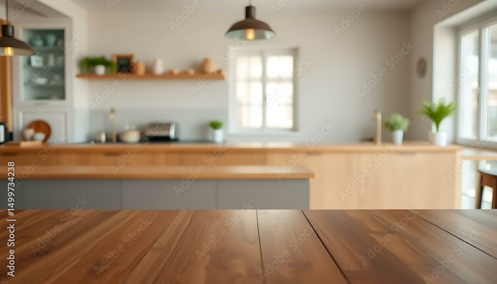Rustic Kitchen Interior with Wooden Countertop and Blurred Background Rustic Kitchen Interior with Wooden Countertop and Blurred Background