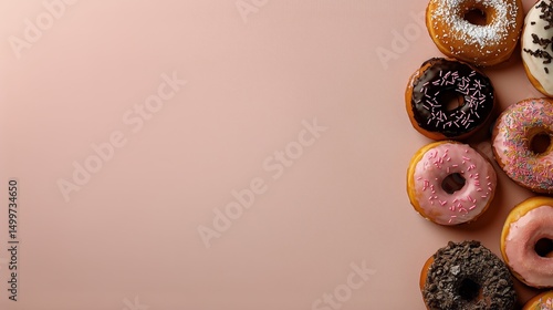 Delicious Assortment of Donuts Arranged on a Pastel Background for a Sweet Tr...
