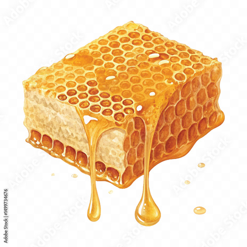 realistic glossy honeycomb, honey cell slices  dripping with fresh liquid honey isolated on transparent background.