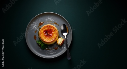 Overhead View of Creme Brulee on Dark Background