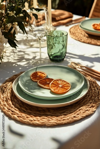 Elegant Table Setting With Dried Orange Slices and Green Plates Outdoors in W...