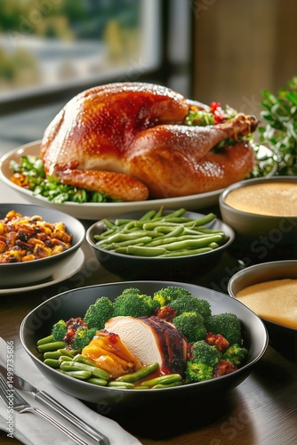 Thanksgiving Feast Featuring a Whole Turkey and Vegetable Sides on a Festive ...
