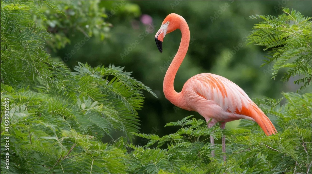 Fototapeta premium Flamingo is standing in a lush green forest. The bird is pink and white, and it is enjoying the peaceful surroundings. Concept of tranquility and harmony between the bird and its natural habitat