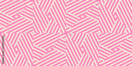 Abstract geometric seamless pattern with diagonal stripes, quirky lines. Creative pink and beige background. Optical art texture. Retro fashion background, repeat tiles. Cute design for decor, print