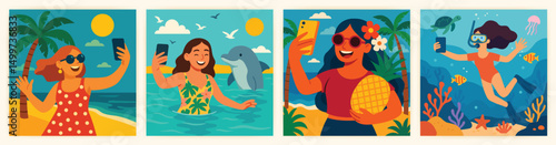 Tropical Vacation Selfies  Women Enjoying Beach and Sea Adventures
