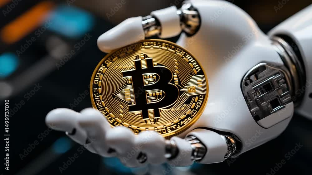 A robotic hand holds a bitcoin in a high tech environment, showcasing the intersection of digital currency and automation