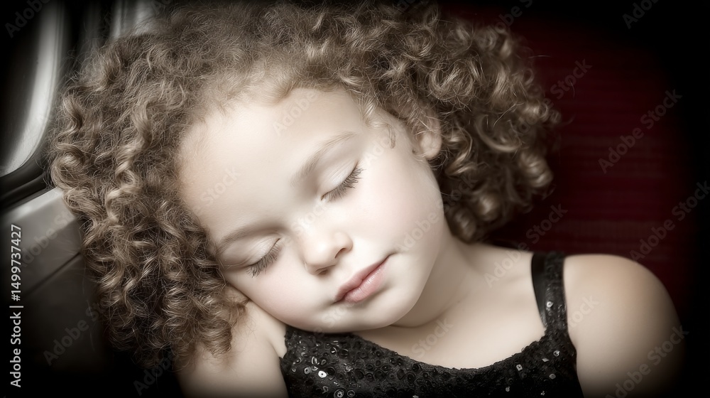 Fototapeta premium Peaceful young girl with curly hair sleeping peacefully with eyes closed